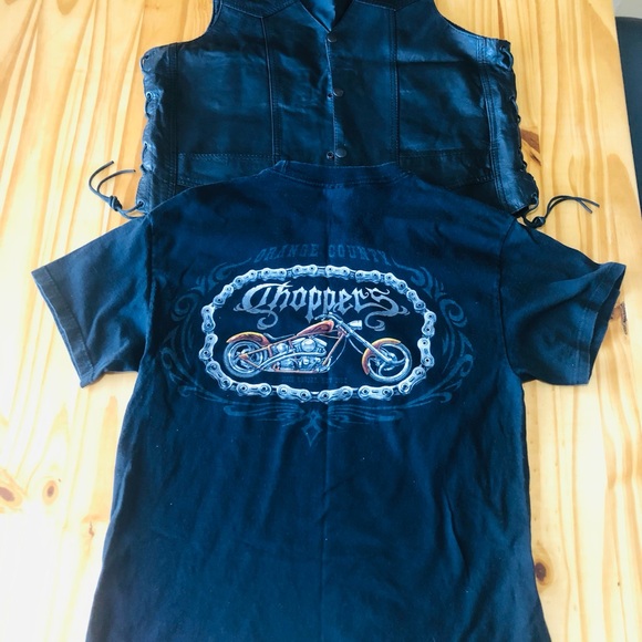 HOT LEATHERS Motorcycle Vest Men's L Leather Black Biker Snap VTG And a Tshirt M - Picture 11 of 16